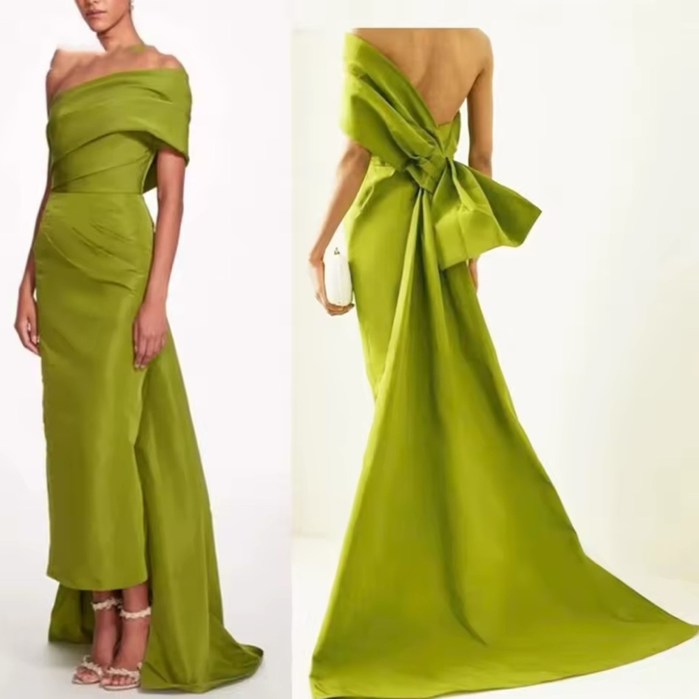 COPY - Elegant Designer Sample Sale Green Off-Shoulder Evening Dress